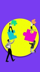 Wall Mural - young people, team working together, connecting puzzles. stop motion, animation. each puzzle piece m