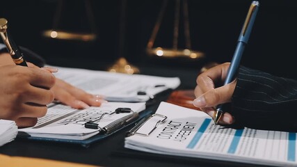 Wall Mural - Business and lawyers discussing contract papers with brass scale on desk in office. Law, legal services, advice, justice and law concept picture with film grain effect