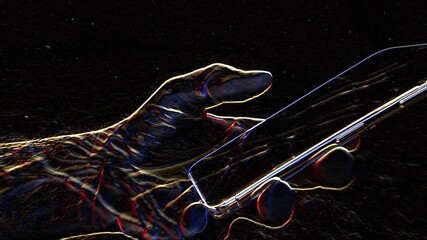 Hand using smartphone, digital glitch effect, computer generated