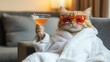 © Pic - Cat in a white robe drinking a cocktail while wearing sunglasses.