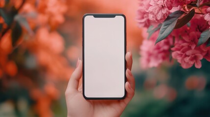 Wall Mural - A person holding a phone in front of flowers with leaves, AI