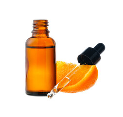 Wall Mural - Vitamin C cosmetic bottle in with orange on white background