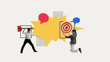 Wall Mural - Man aiming arrow into target. Stop motion, animation. Targeted approach, importance of planning and strategy. Concept of business, public relations, marketing and management, improvement