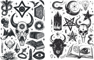 In this modern illustration, you will find witchcraft signs and symbols with charms, spells, and runes, including ram skulls