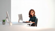 © Alena - A 3D isometric cartoon depicts a female call center operator with European features, smiling in a light blue blouse and black trousers, working at a computer on a minimalist desk.