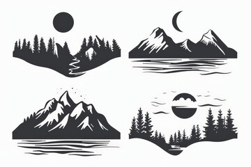 Wall Mural - Set of Vintage mountain emblem logo design, black outdoor nature line art icon vector illustration on white background