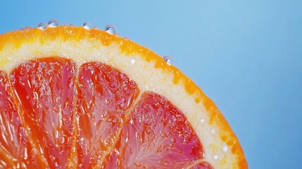 Wall Mural - Fresh orange slice with water drops on blue background