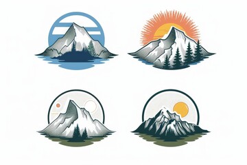 Wall Mural - Set of Vintage mountain emblem logo design with outdoor nature line art icon vector illustration on white background