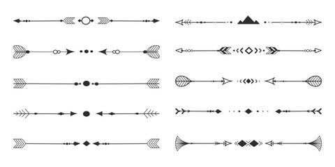 Wall Mural - Frame set with tribal native indian arrow, ornament. Border thin line divider decoration with feather, simple motif on white background