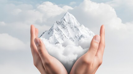 Wall Mural - Two hands holding a mountain in the sky with clouds, AI