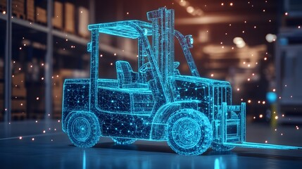 digital blue forklift truck with glowing data streams symbolizes the optimization of artificial intelligence in warehouse management and inventory control