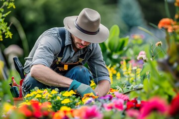 Gardener tending plants in green garden