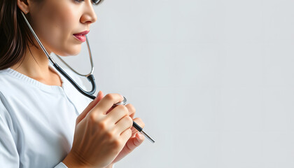 An Asian female doctor uses a stethoscope to listen to the heartbeat of a male patient for guidance in treatment and preventive care. health check concept isolated with white highlights, png