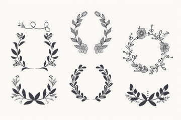 Set of Wedding monogram logo design with black floral line art icon vector illustration on white background