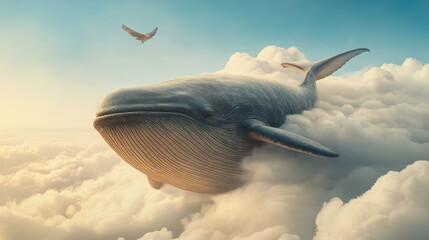 Wall Mural - A whale is floating in the clouds with a bird flying above, AI