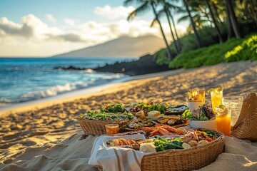 A beach scene with a table full of food and drinks