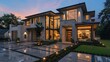 © Farid - Beautiful modern style luxury home exterior at sunset with glowing interior lights.