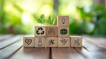 Wooden blocks with green icons for sustainability on a wood surface with a green nature background.