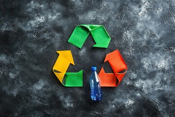 symbol of recycling, made with plastic and putting a plastic bottle inside it.