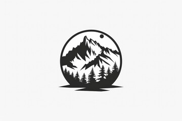 Vintage mountain emblem logo design, black outdoor nature line art icon with rounded shape vector illustration on white background