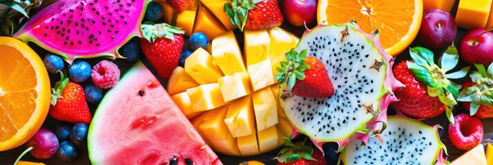 Variety of Fresh and Nutritious Fruits on a Plate Including Pineapple, Dragon Fruit, Watermelon, Papaya, Orange, Strawberry, and Melon from Above