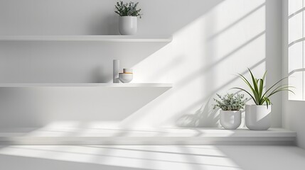 Aufkleber - modern minimalistic cozy white home interior background white wall with shelves and design wall and floor sunlight beams from window and shadows white background with spotlights : Generative AI