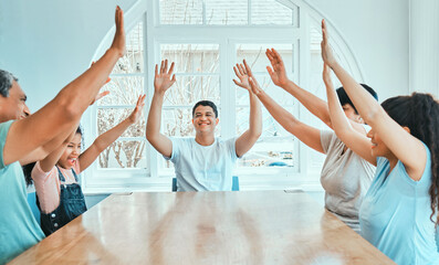 Canvas Print - Family, table and high five in house for celebration, solidarity and bonding with fun social game. Generations, people and arms raised in living room for achievement, relationship or leisure together