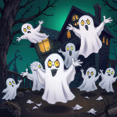 Cartoon ghosts haunting a spooky house.