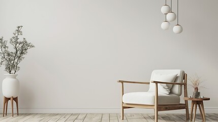Aufkleber - Interior living room wall mockup with sofa chair side table and hanging lights on white wall background with wooden flooring : Generative AI