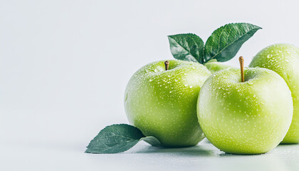 Wall Mural - Green apples and leaves with waterdrops