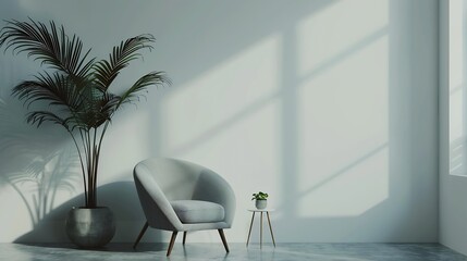 Modern interior design with light empty mockup wall and gray furniture loft and vintage of living room Armchair table with green plant in pot round carpet on floor on white wall backgr : Generative AI