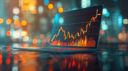 Leinwandbilder - A laptop with double exposure of financial graphs symbolizing market analysis on a blurred office background concept of business analytics : Generative AI