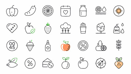 Wall Mural - Nutrition set of web icons in line style. Healthy food linear icon collection. Containing food, vegetables, water, palm oil free, сaunt calories, zero trans fat, probiotics and more. Editable stroke.