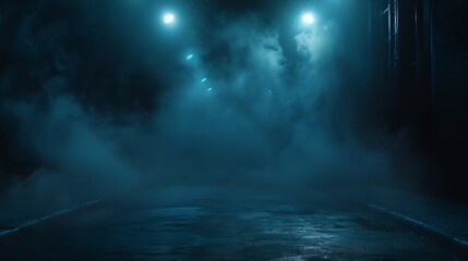 Poster - Dark street of the night city Dark blue background an empty dark scene neon spotlights reflecting on the asphalt floor and a studio room with smoke floating up a night view the city : Generative AI