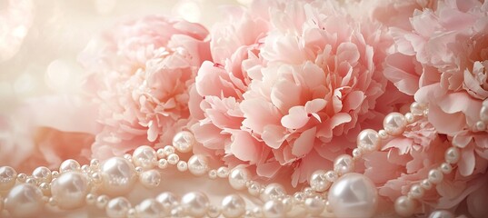 Wall Mural - A bouquet of pink flowers is arranged on a bed of pearls