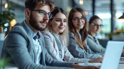 Aufkleber - Group of young business people using laptop having a meeting or presentation and seminar in the office : Generative AI