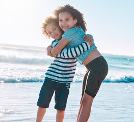 Poster - Beach, hug and siblings with vacation, portrait and love with happiness, nature and ocean. Face, outdoor and seaside with girl, boy and children with summer holiday, waves and travel with adventure