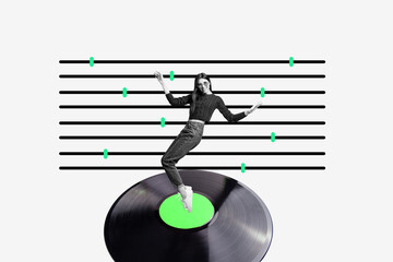 Poster - Composite photo collage of happy girl dance retro vinyl disk mixer console volume weekend relax dj studio isolated on painted background