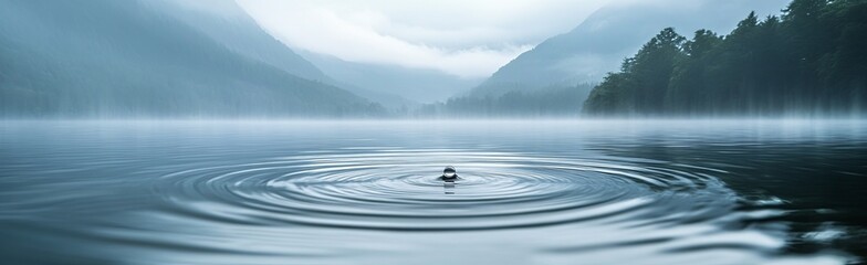 Wall Mural - A small duck is swimming in a large body of water