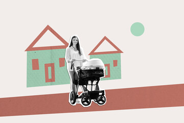 Sticker - Composite photo collage of happy girl carry new born baby carriage walk home property outdoor walk foster isolated on painted background