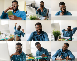 A young black man in a blue shirt is actively engaged in multiple activities within a contemporary office environment. He is shown smiling while using a smartphone, working on a laptop, and relaxing