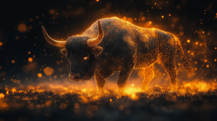 Wall Mural - A bull with its horns raised in the air. The bull is surrounded by a lot of sparks and fire, giving the image a fiery and intense mood