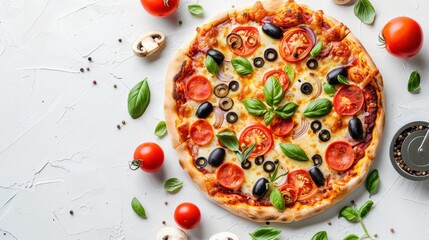 Wall Mural - A pizza with tomatoes, olives, and basil on top