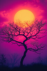 Wall Mural - A tree is silhouetted against a pink and orange sky with a large sun. The sky is filled with clouds, and the sun is setting. Scene is serene and peaceful, with the tree standing tall