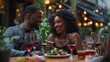 © Generative AI - Portrait of cheerful beautiful afroamerican couple dining in restaurant and talking Happy black man and woman eating salad and drinking red wine on date in modern cafe : Generative AI