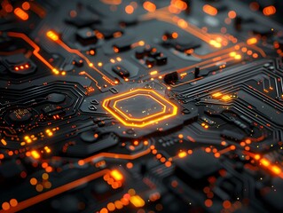 Close-up view of an electronic circuit board with glowing orange components on a dark background, showcasing intricate details and patterns