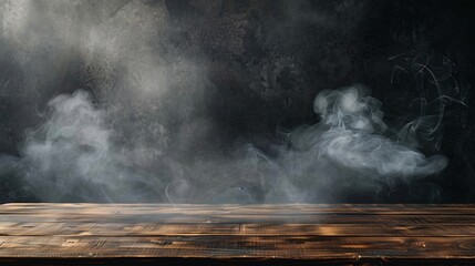 Aufkleber - On a black background an empty wooden table with smoke floats up Empty space for displaying your products with a smoke float up on a dark background Space available for displaying your : Generative AI
