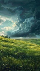 Wall Mural - A stormy sky with a field of grass in the background