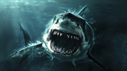 Wall Mural - A shark is shown with its mouth wide open, showing its teeth