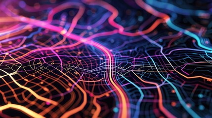 Leinwandbilder - Vibrant lines and routes overlay a stylized map, illustrating dynamic connectivity for transportation and logistics applications. Generative AI